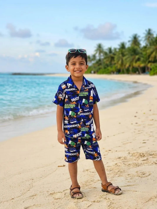 Boy's Orignal Dhanak Printed Shirt And Shorts Set