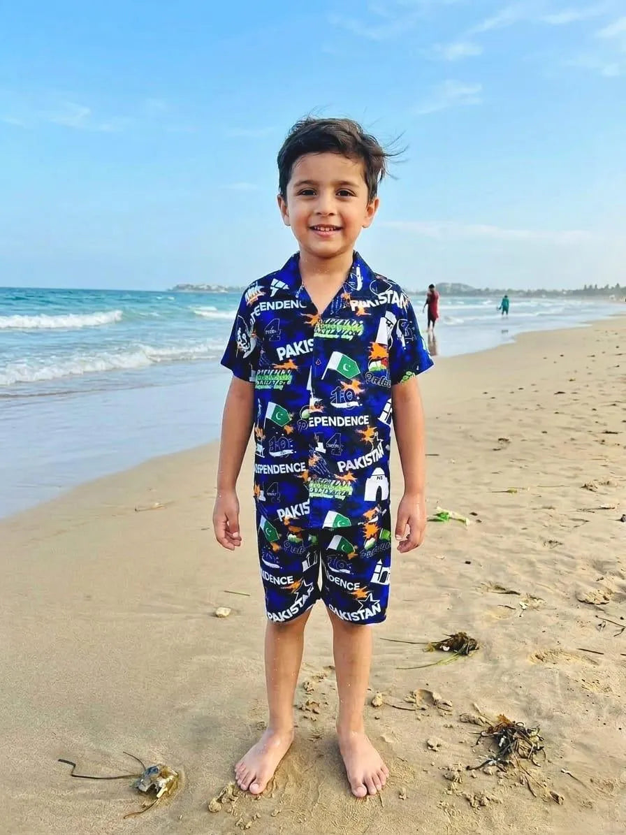 Boy's Orignal Dhanak Printed Shirt And Shorts Set