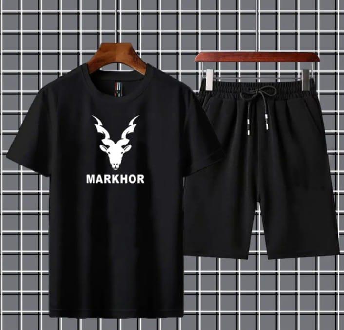 Men Black Markhor Graphic Tracksuit 2Pcs Jersey Shorts & T-Shirt
