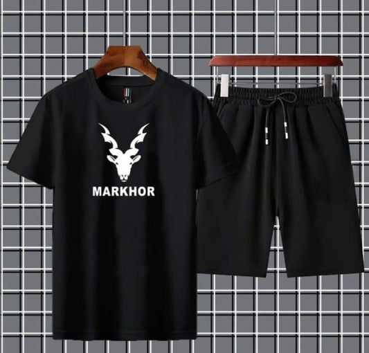 Men Black Markhor Graphic Tracksuit 2Pcs Jersey Shorts & T-Shirt