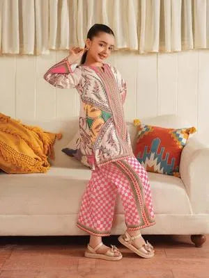 2 Pcs Girl's Arabic Lawn Printed Stitched Suit