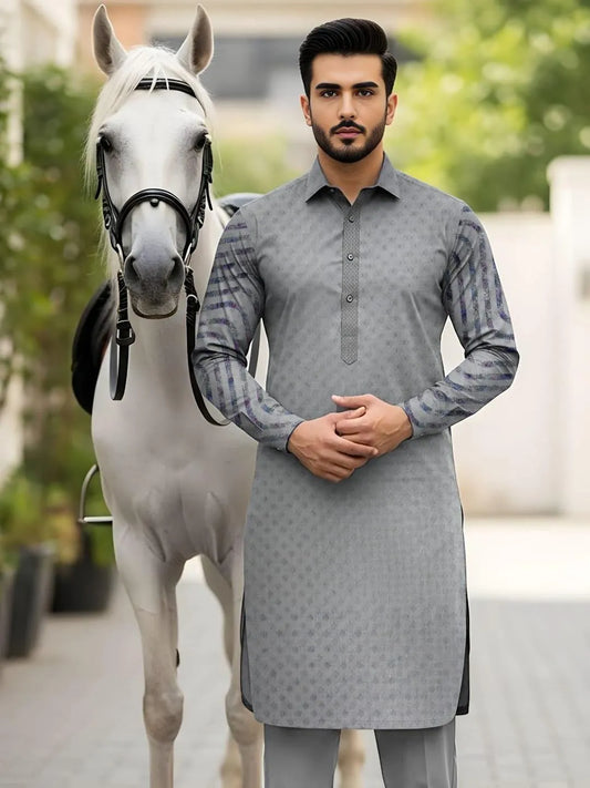 Men Cotton Self Print Suit Grey 3.5 Gazz