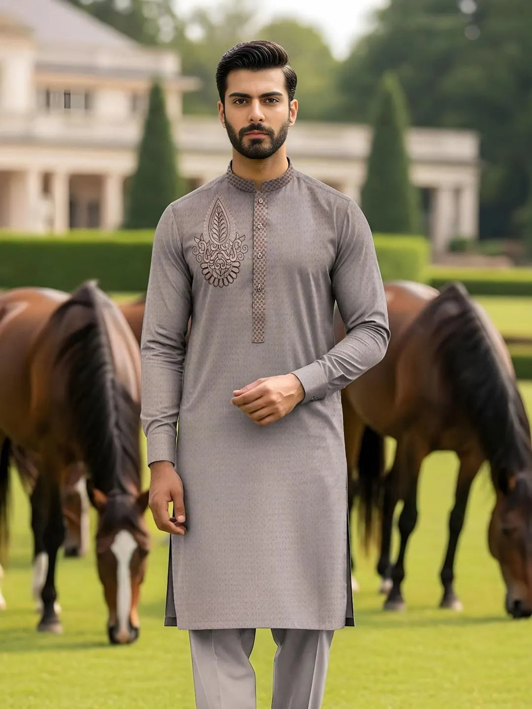 Unstitched Cotton Kurta Trouser Set Off-White Eid Wedding Suit