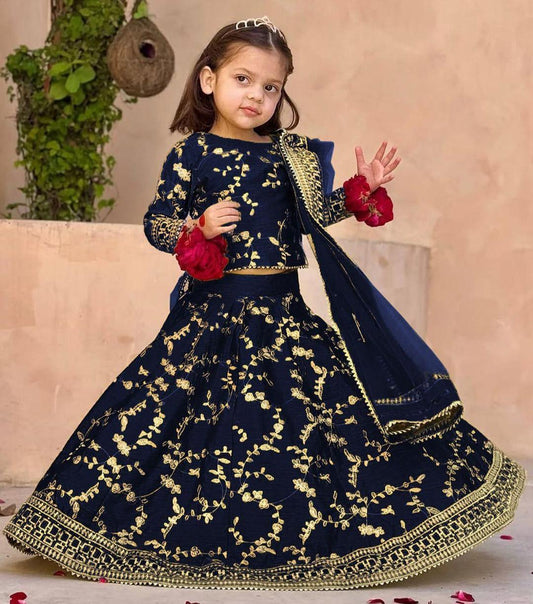 Blue Raw Silk Embroidered 3Pcs Girls Lehenga Set for Eid