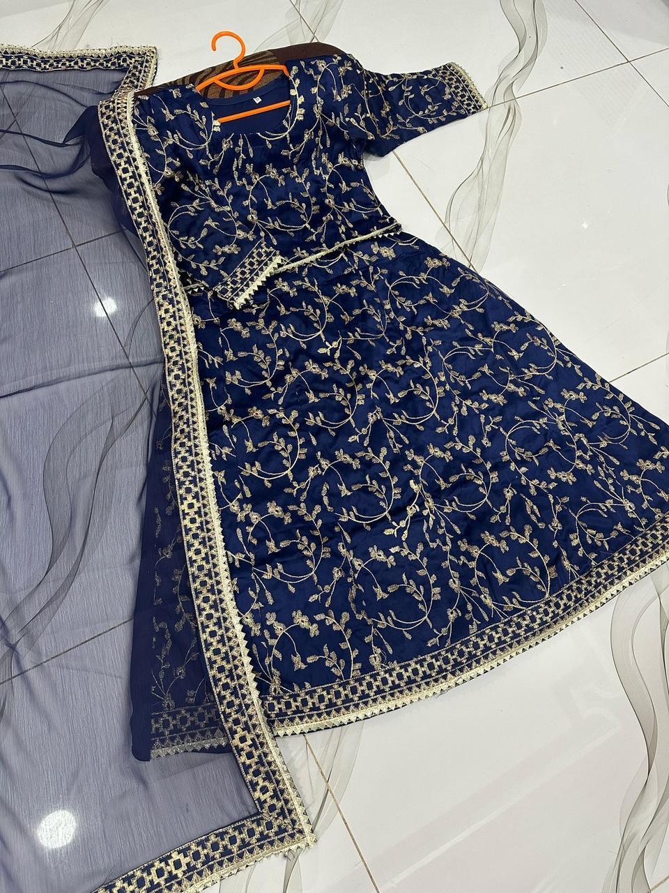 Blue Raw Silk Embroidered 3Pcs Girls Lehenga Set for Eid