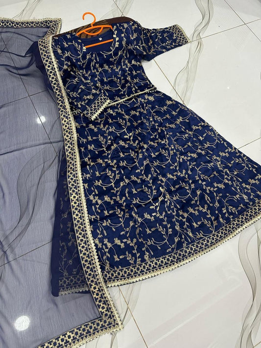 Blue Raw Silk Embroidered 3Pcs Girls Lehenga Set for Eid