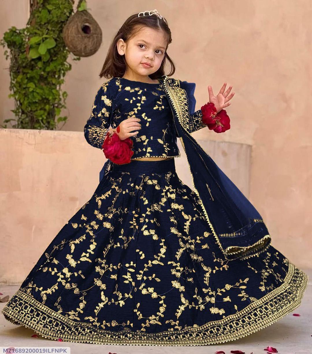 Blue Raw Silk Embroidered 3Pcs Girls Lehenga Set for Eid