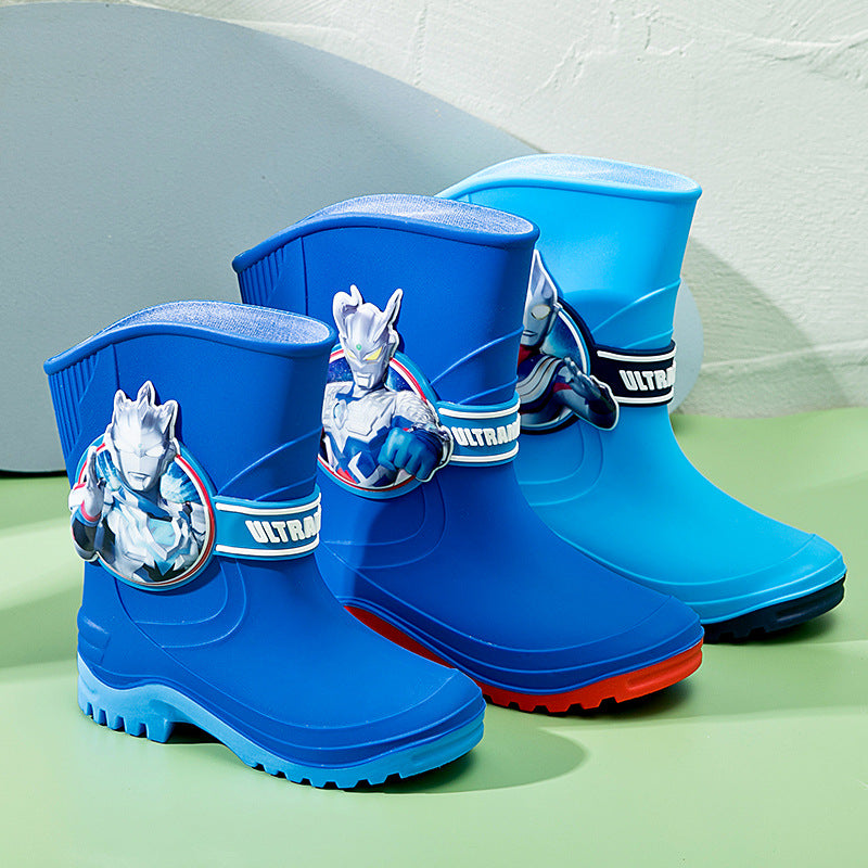 Children's Blue Rain Boots with Cat Design Non-Slip Sole