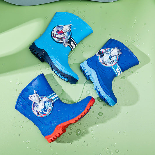 Children's Blue Rain Boots with Cat Design Non-Slip Sole